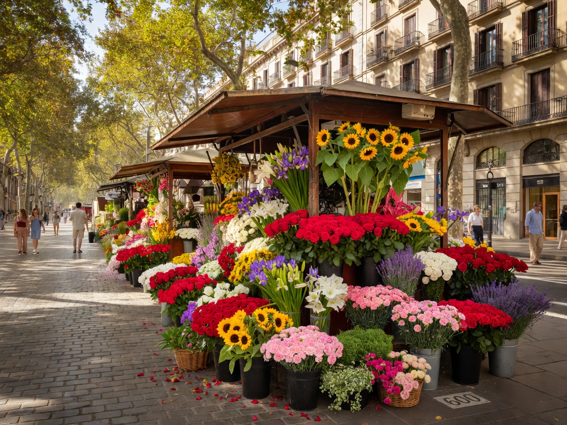 Historic flower stalls overflowing with fresh cut flowers on La Rambla in Barcelona