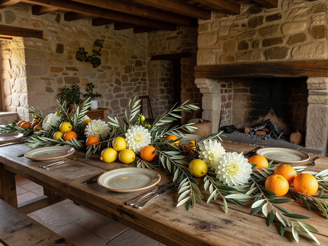 Rustic Catalan country masia dining table decorated with olive leaves, citrus fruits, and white dahlias