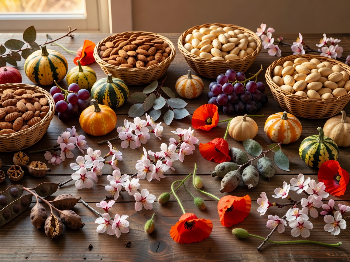Seasonal harvest table with almond blossoms, poppies, and late autumn eucalyptus pods
