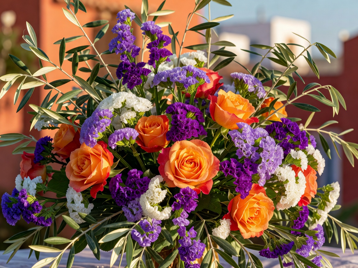 Vibrant Mediterranean bouquet with olive branches, statice, and orange garden roses