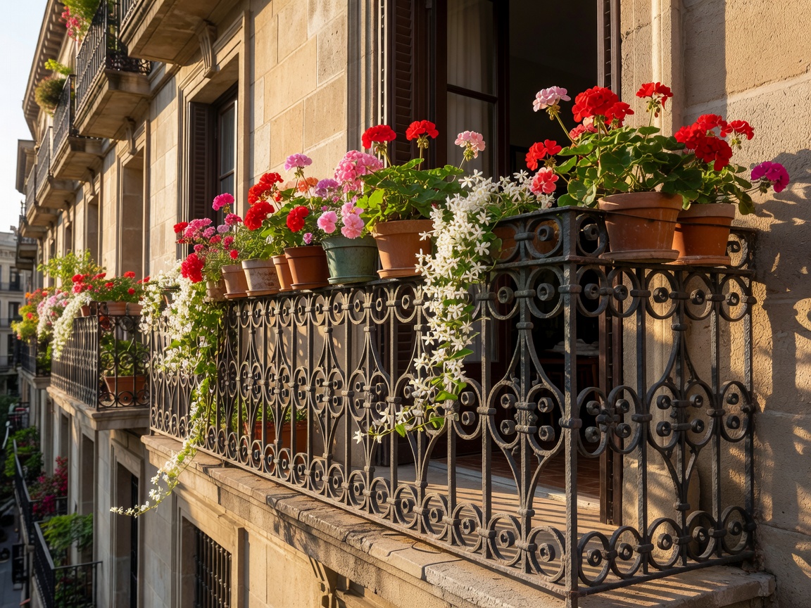 Wrought iron Eixample apartment balcony lined with blooming geraniums and trailing jasmine